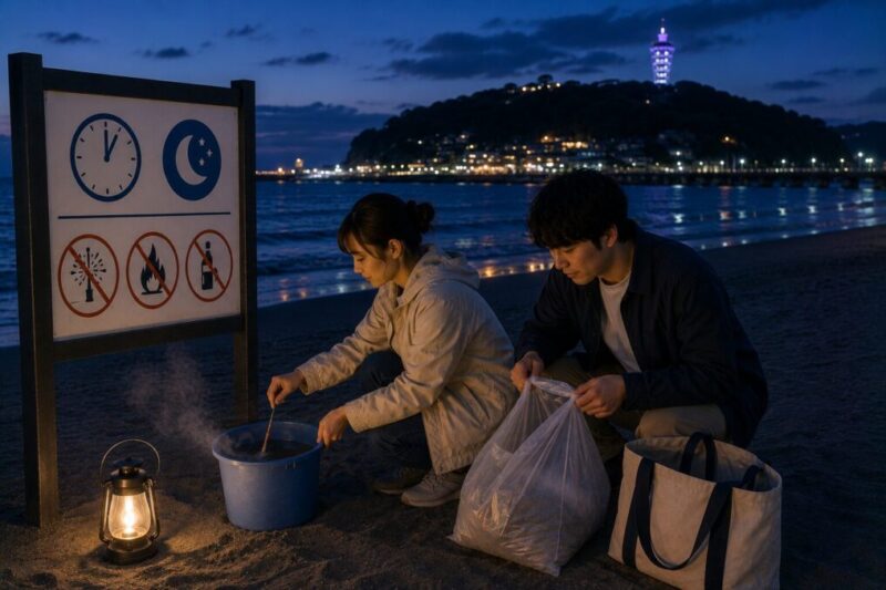 夜の海辺で手持ち花火を水入りバケツで消火し、ゴミ袋へ片付ける大人2人