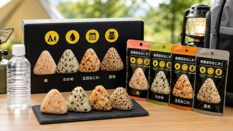 長期保存できるおにぎりセットと水やアウトドア用品を並べた商品紹介イメージ