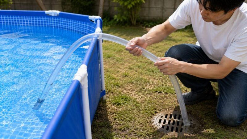 水が流れにくくなったサイフォンホースの曲がりを直す様子
