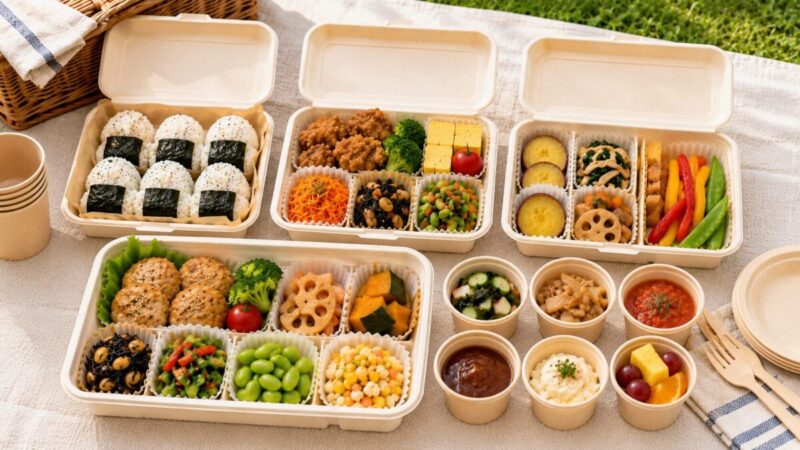 紙カップや小さな容器で汁気のあるおかずを分け、唐揚げ・卵焼き・おにぎり・野菜を使い捨て弁当箱に詰めたピクニック弁当。