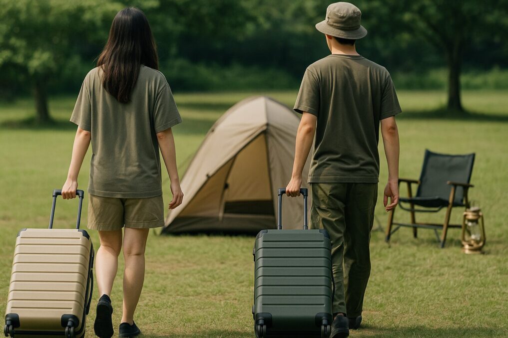 キャンプ場の芝生サイトでキャンプ用キャリーケースを引きながらテントに向かうソロキャンパーの様子