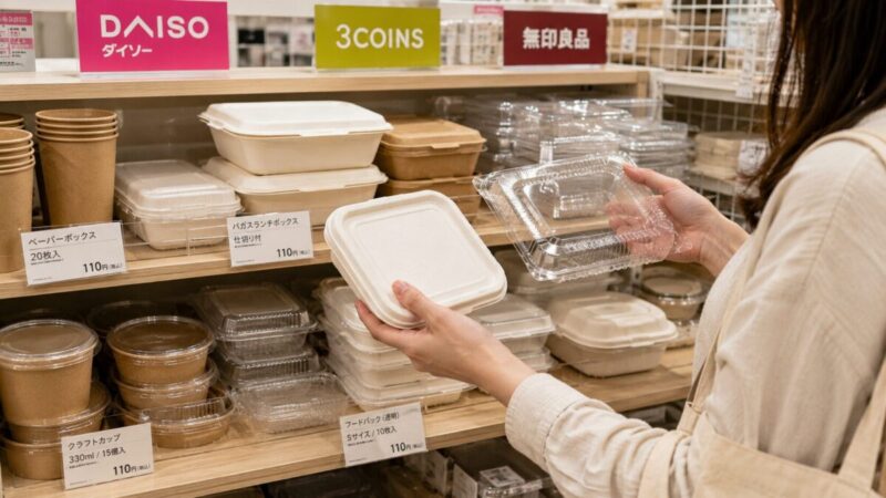店頭の棚に並ぶ紙製・仕切り付き・透明の使い捨てランチボックスを、手に取って比較している様子。