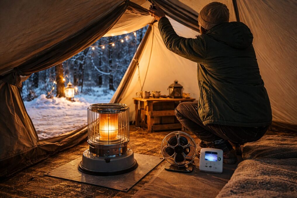 冬キャンプのテント内で灯油ストーブを使い、換気口を開けて安全に暖を取る様子