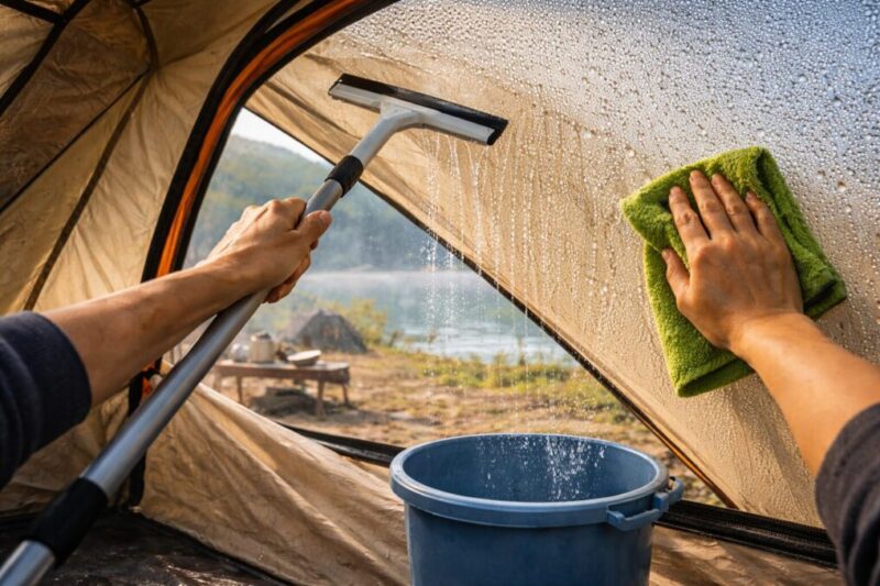 天井から壁へ順番に水分を集めて拭き取る手順のイメージ