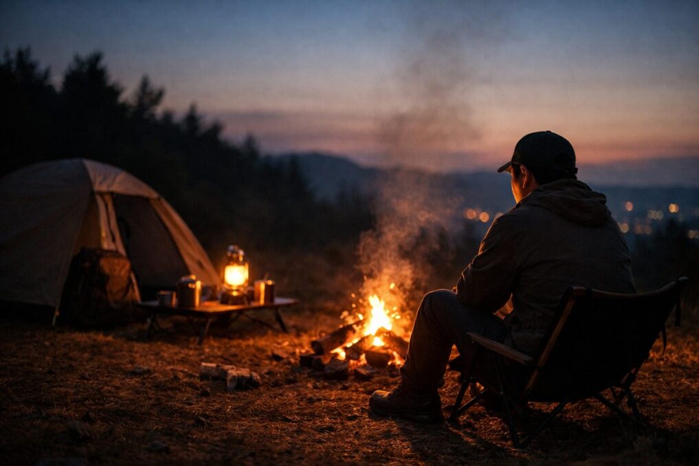 夕暮れの焚き火を前に静かに座るソロキャンパーとテントの風景