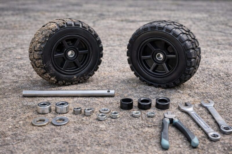 キャリーカートのタイヤ交換に必要な部品を並べた様子