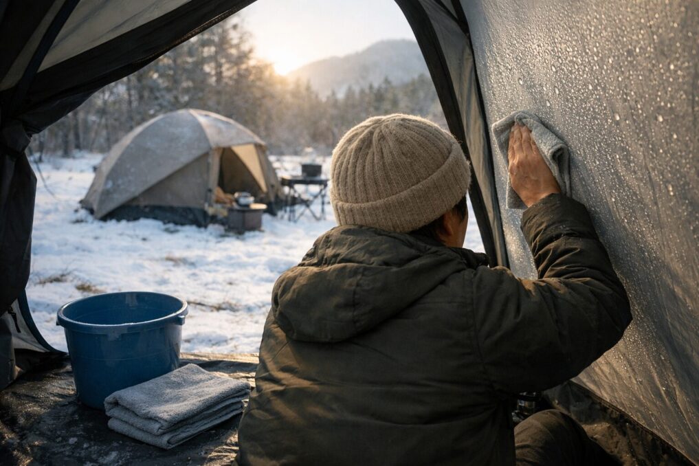 雪中キャンプの朝、テント内壁の結露をクロスで拭き取りながら撤収準備をしている様子