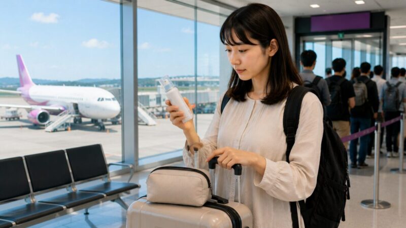 LCC搭乗前に小型冷却スプレーとコンパクトな手荷物を確認する旅行者