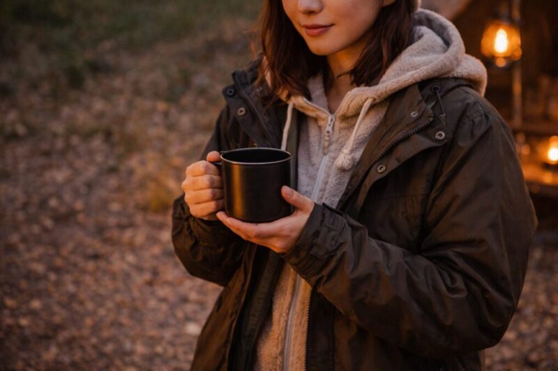 重ね着したアウトドアウェアでマグを持つキャンプの服装イメージ