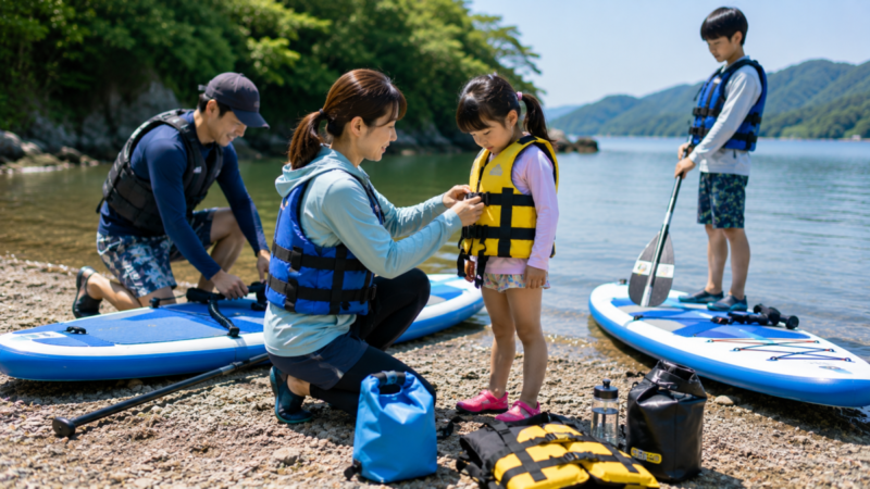 SUP出艇前に保護者が子どものライフジャケットを確認し、家族で装備を準備する様子