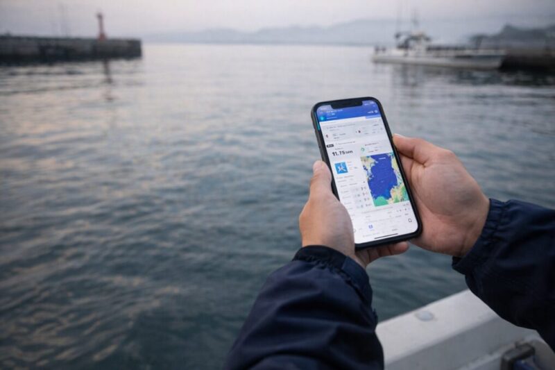 スマホで海況を確認しながら港の海を見ている様子