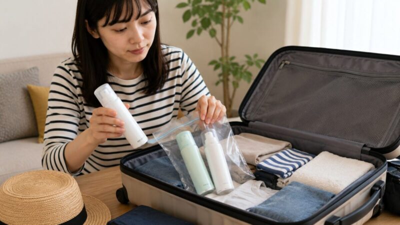 制汗スプレーとヘアスプレーのキャップを確認して預け荷物へ収納する旅行者