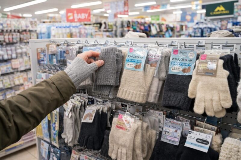 100円ショップの防寒小物コーナーでハンドウォーマーを選んでいる手元の写真