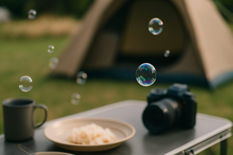 食事や撮影の邪魔になりやすいシャボン玉の飛散を連想させる静物写真