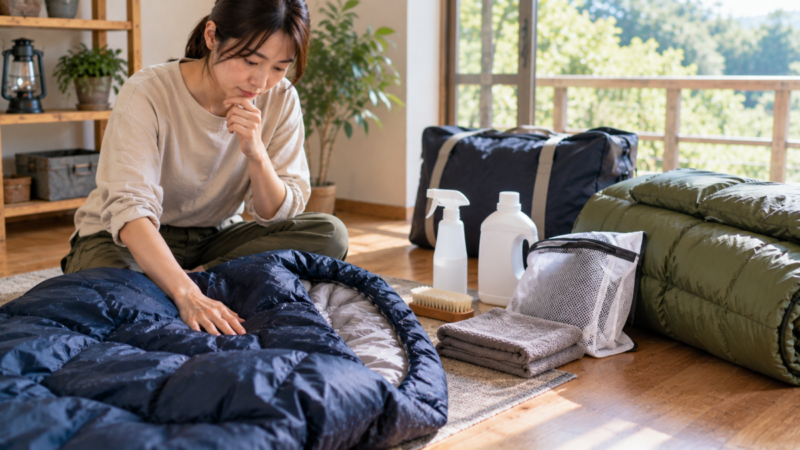 寝袋の状態を確認しながら消臭や洗濯などのお手入れ方法を検討している様子