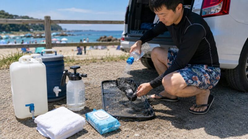 シャワーがない海岸でペットボトルの真水を使ってサンダルの砂を落とす男性