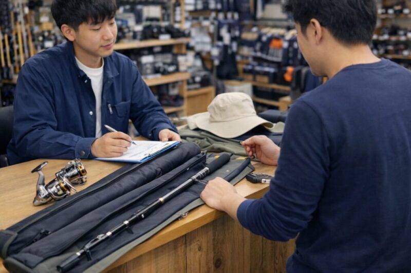 釣竿やアウトドア用品を査定前に確認している様子
