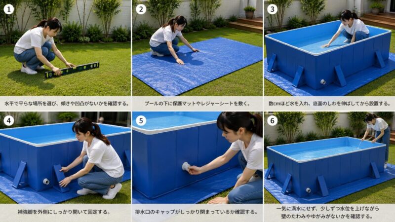 家庭用プールを水平な場所に設置し、補強脚や排水口を確認しながら少しずつ給水する手順