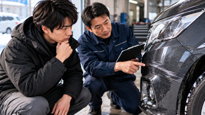 修理工場で雪かきによる車の傷を整備スタッフと確認する様子