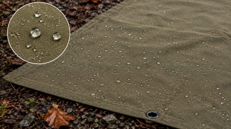 雨上がりの地面に敷いた帆布シートの表面で、水滴が玉状にはじいている様子