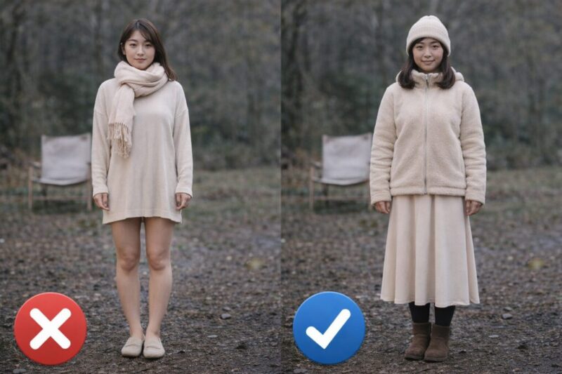 冬のグランピングで避けたい服装の例