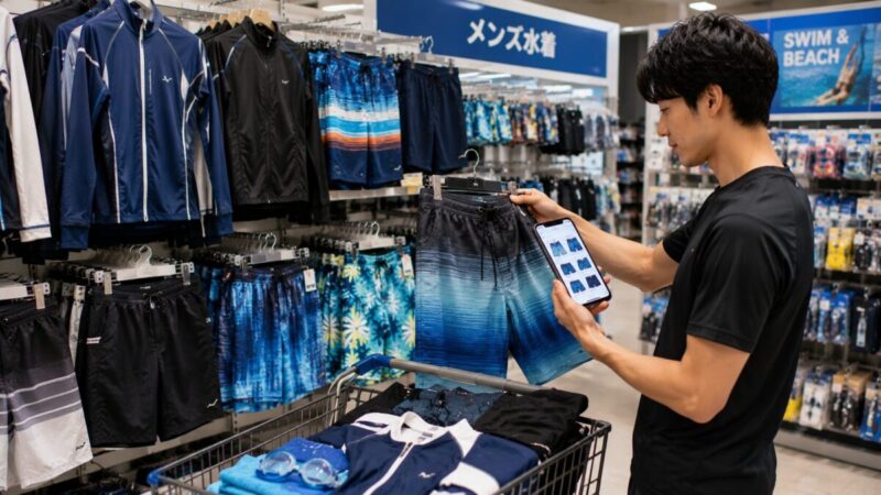 スポーツ用品店でメンズ水着と通販の商品を比較する男性