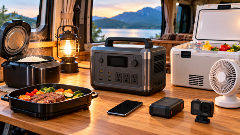 車中泊用ポータブル電源と炊飯器や調理家電、冷蔵庫などを並べた様子