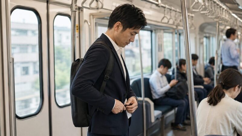 電車内で薄型のリュックを背負い、体にフィットするようベルトを整えている人物