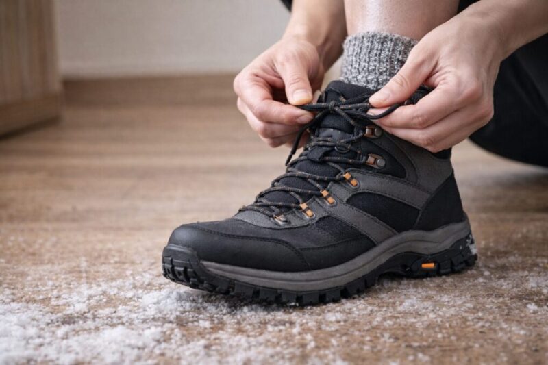 厚手ソックス前提で登山靴を試着し踵の浮きを確認する様子