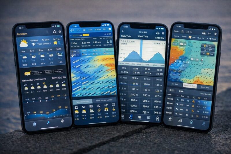 無料で確認できる天気情報や潮見表を比較するスマホ画面