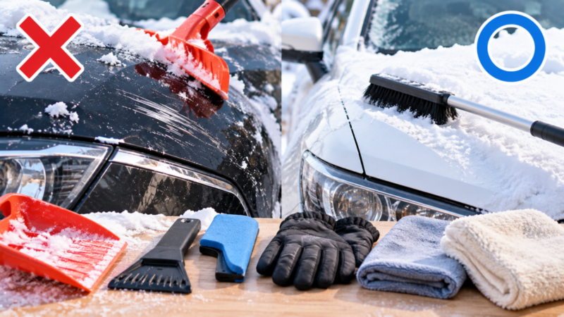 硬い雪かき道具と柔らかいスノーブラシによる車の雪下ろし方法の比較