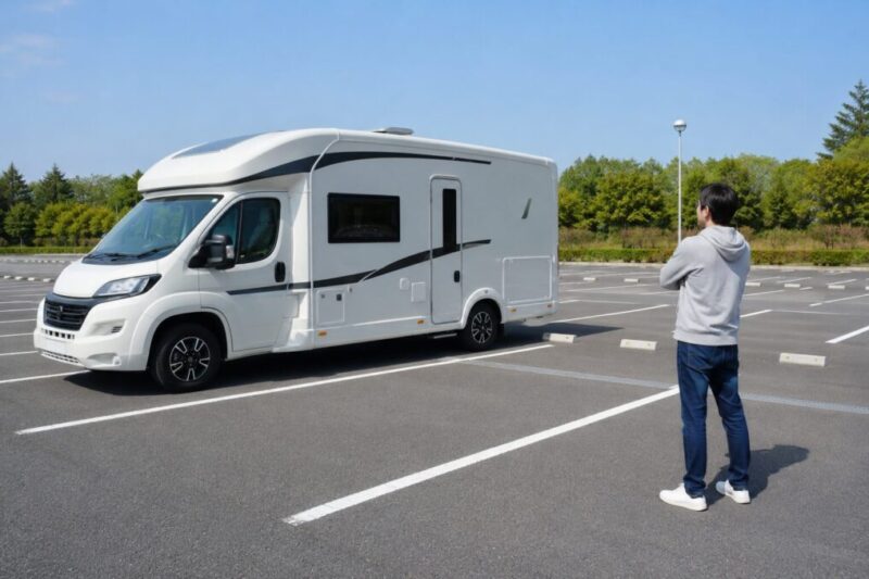 6mクラスのキャンピングカーを駐車枠に停めて、車両の長さとスペースの余裕を確認している様子