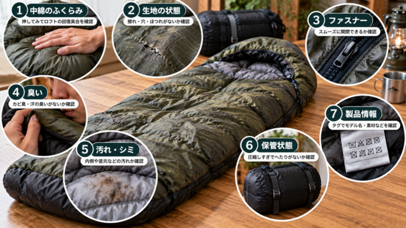 中古寝袋を買う前に中綿、生地、ファスナー、臭い、汚れ、保管状態、製品情報を確認するポイント