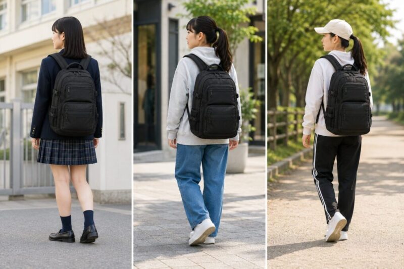 黒リュックを制服風やカジュアルコーデに合わせた印象比較のイメージ