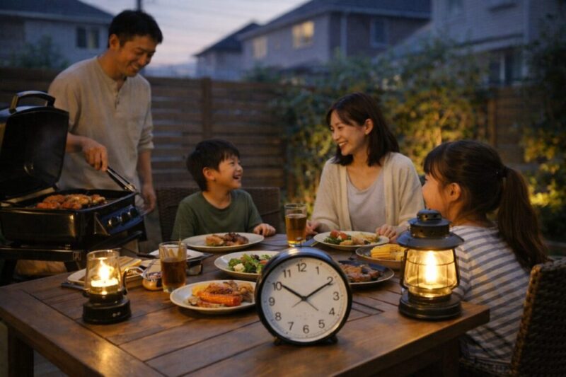 時間帯と人数を抑えて静かに楽しむ庭バーベキューの様子