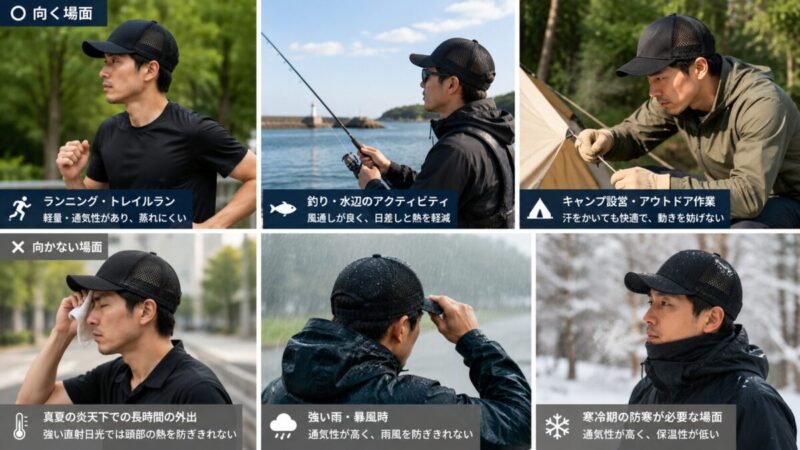 ランニング、海辺の釣り、キャンプ設営、水分補給などで黒いメッシュキャップを着用する男性の場面集