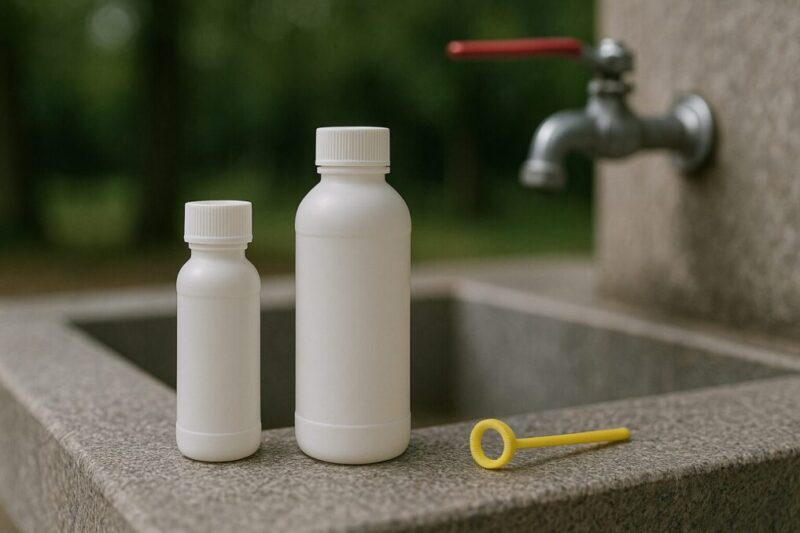 刺激が少ないタイプを選び、炊事場で手洗いできる環境を想起させる写真