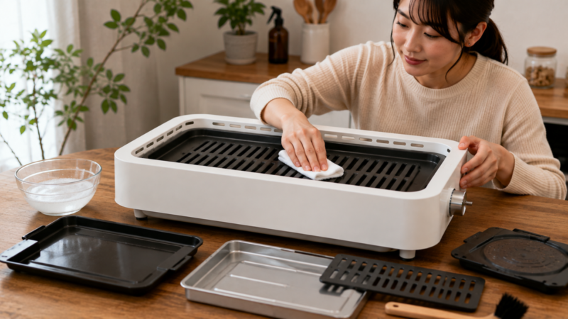 卓上少煙グリルのプレートと水皿を外して手入れしている様子