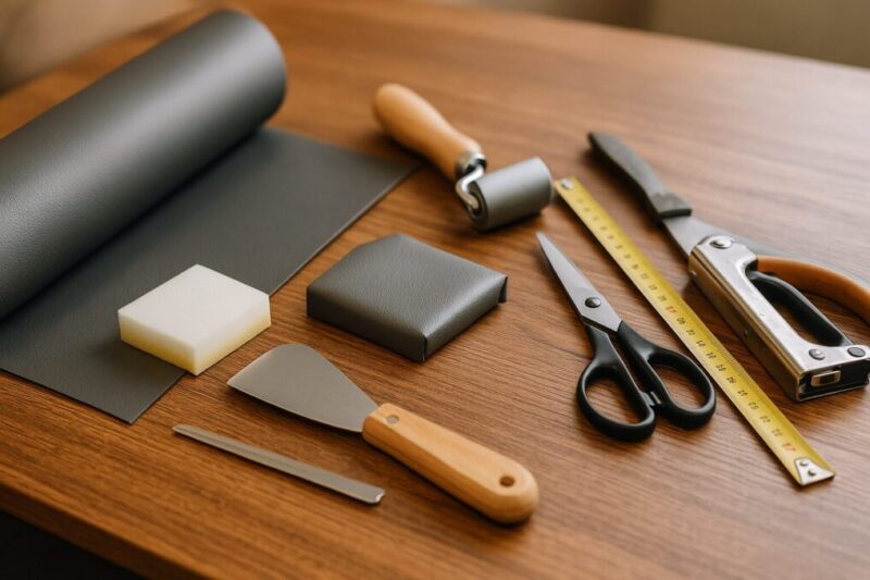 ビニールレザーをウレタンに貼り込み、道具を並べて仕上げ方を確認しているイメージ