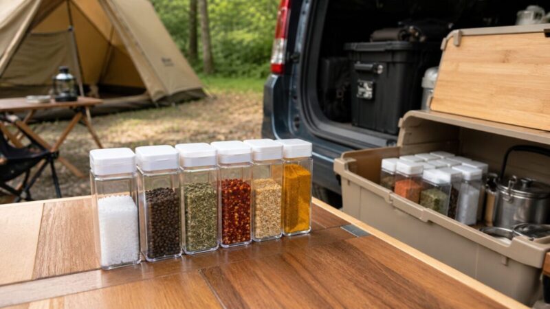 車中泊やキャンプで使うスクエア型の調味料ボトルを、収納ボックスとテーブルに整然と並べた様子