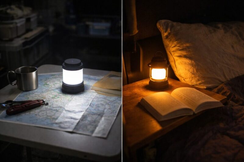 車中泊で白色ライトと暖色ライトを役割別に使い分けるイメージ