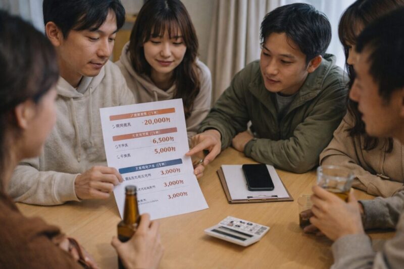 グランピングの費用相場や追加料金を確認する男女グループ