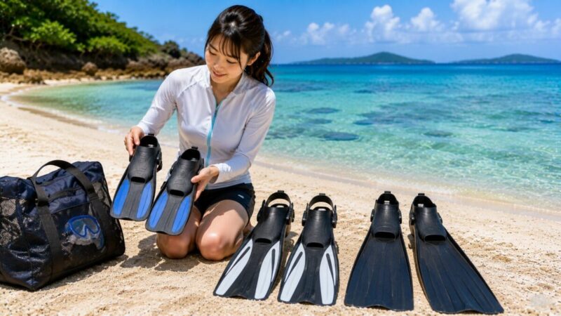 初心者がショートフィンと標準フィンとロングフィンの長さや持ち運びやすさを比較する様子。