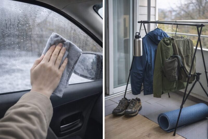 車内の窓の水滴を拭き取りつつ、帰宅後に外遊びで使った上着や小物を乾かして湿気対策をしているイメージ