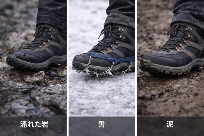 路面によって必要な登山靴性能が変わることを示す比較
