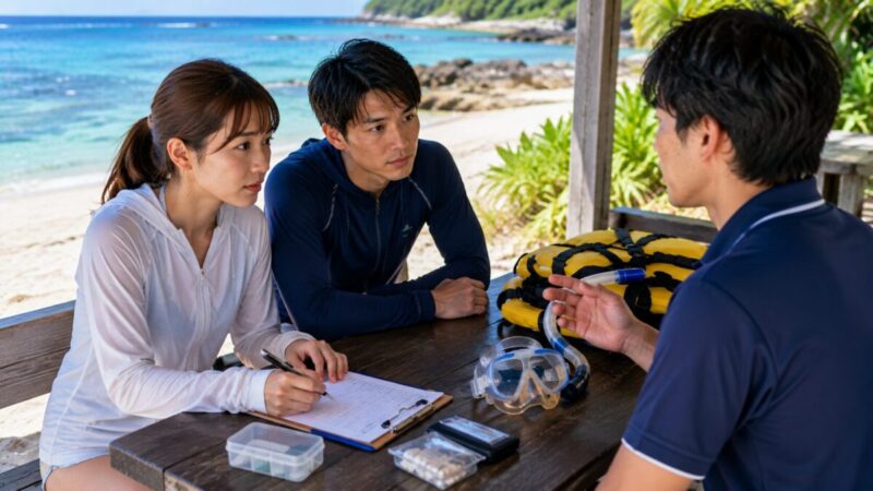 シュノーケリング参加前に健康確認書へ記入し、体調や服薬についてスタッフへ相談する参加者