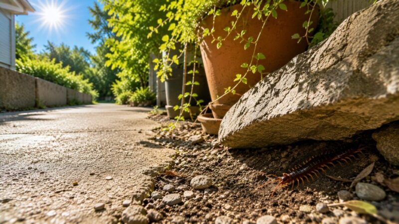 強い日差しが当たる庭で、石と植木鉢の下の日陰に潜むムカデ。