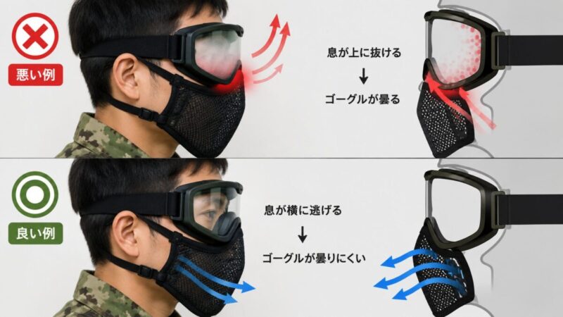 ゴーグルが曇りにくいサバゲーマスクの息の逃げ方