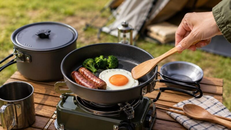 焦げ付きにくいクッカーで目玉焼きとウインナーを調理している様子