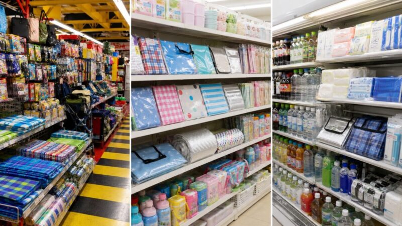 ドンキと100均とコンビニでレジャーシートを比較するイメージ